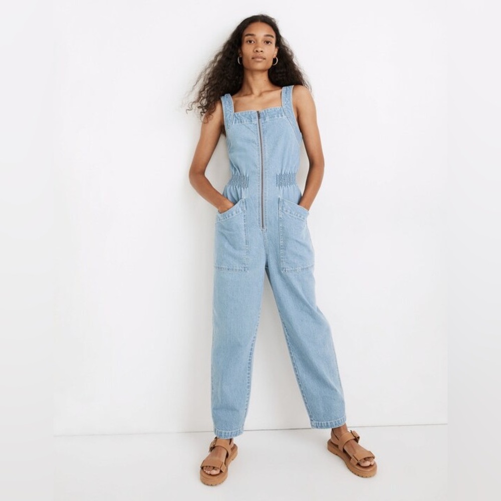 Madewell Smock Waist Denim Jumpsuit, size large.